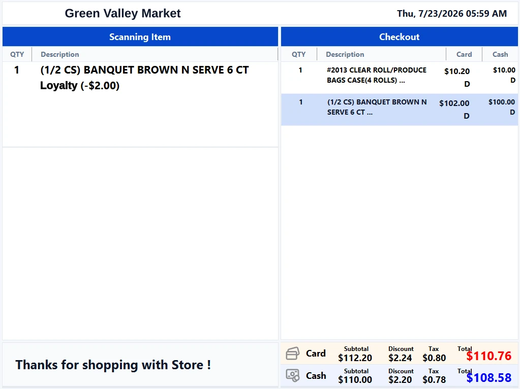 The Branch customer-display screen showing the cash total and the card total side by side