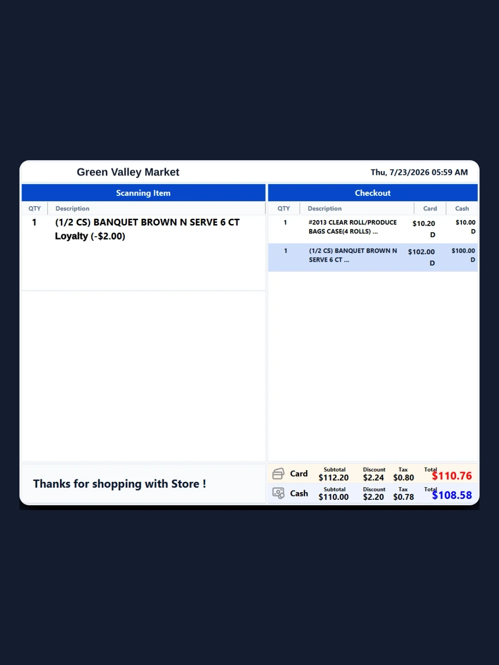 The Branch customer display showing the cash total and the card total side by side