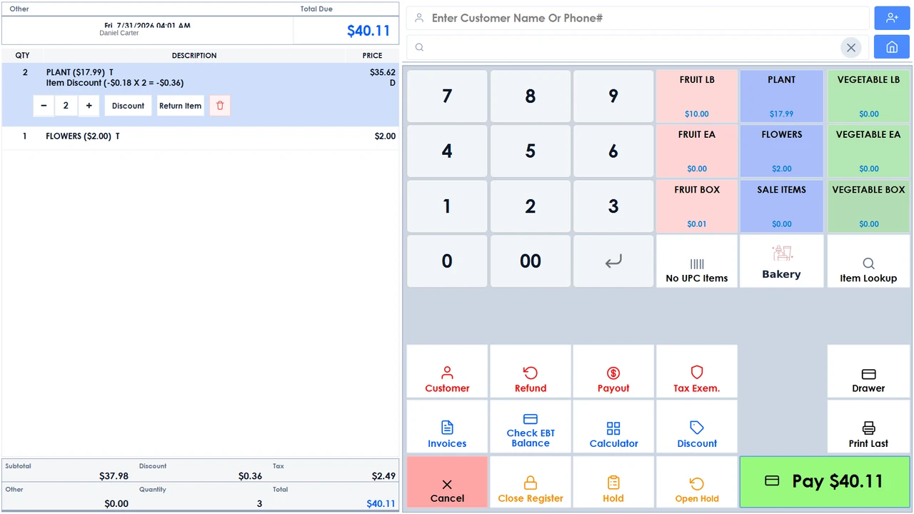 The Branch Commerce grocery POS sales screen mid-checkout, with the item grid and payment keypad