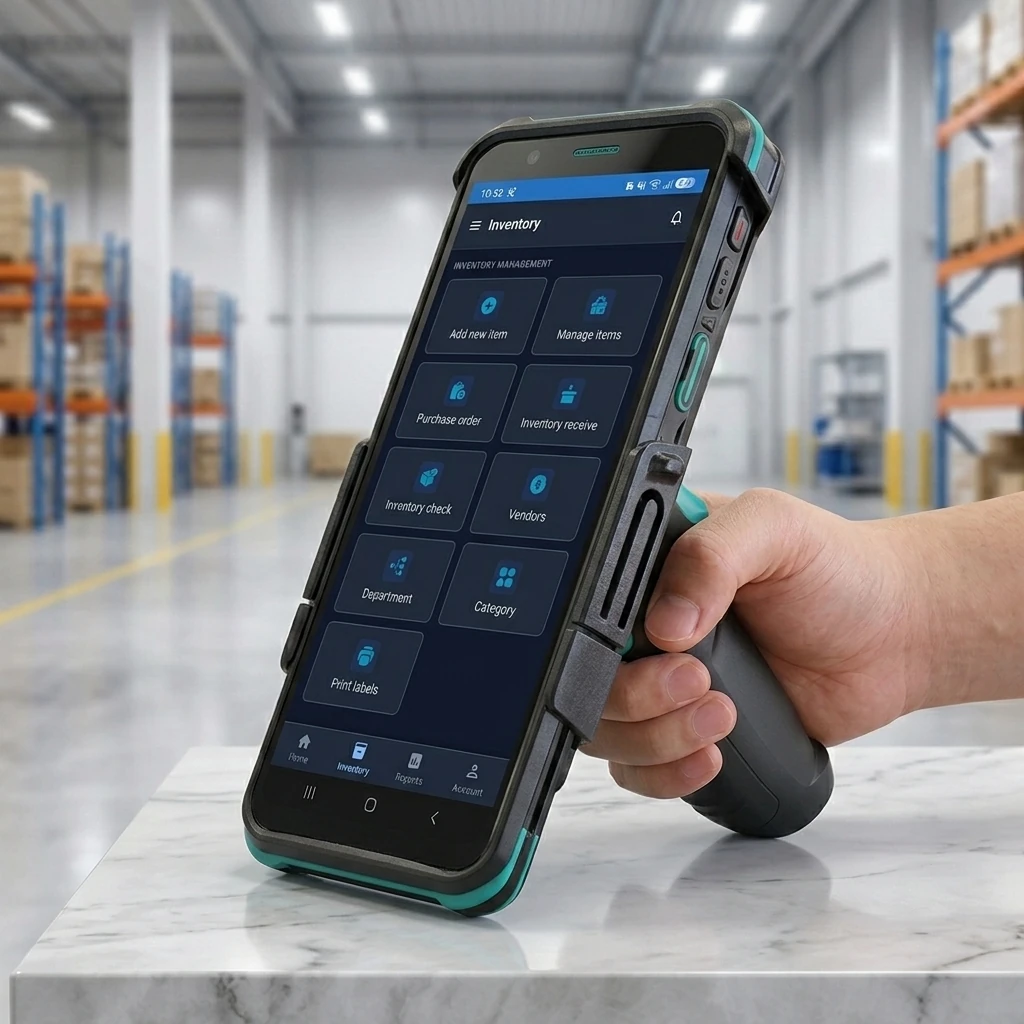 The Branch inventory app on a handheld scanner in the stockroom: add items, receive stock, purchase orders and counts