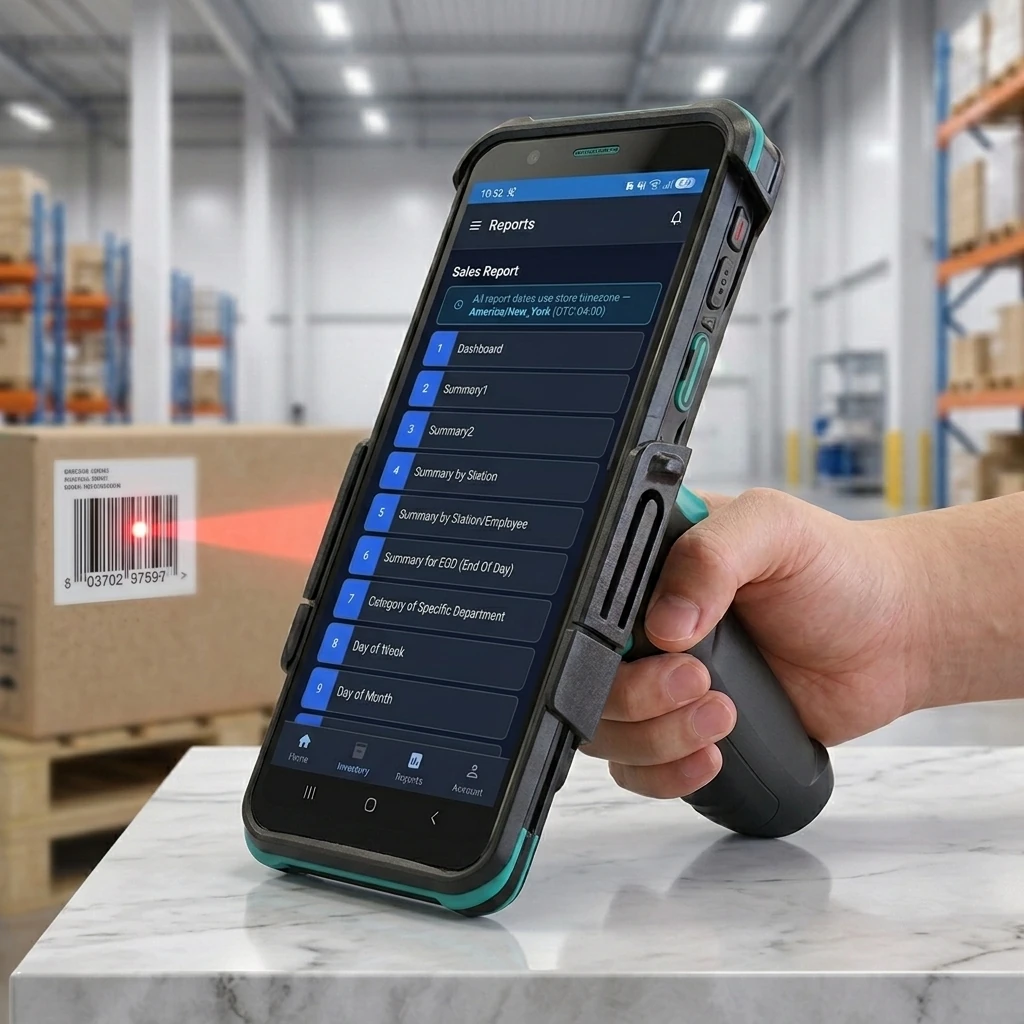 The Branch reports list on a handheld: Sales Report, Summary by Station, End of Day and more