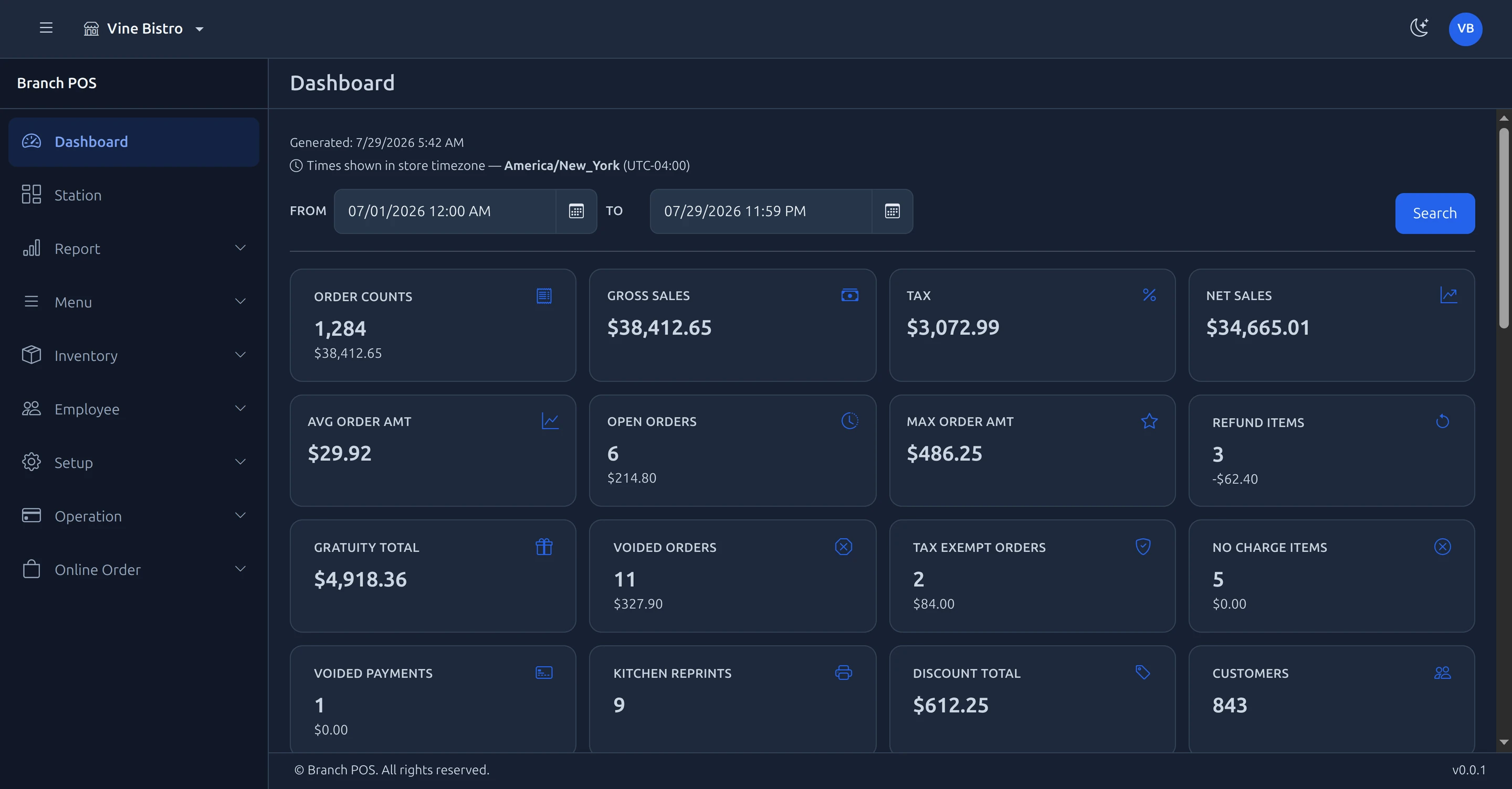 The Branch web dashboard in a browser showing order counts, sales totals and average order value