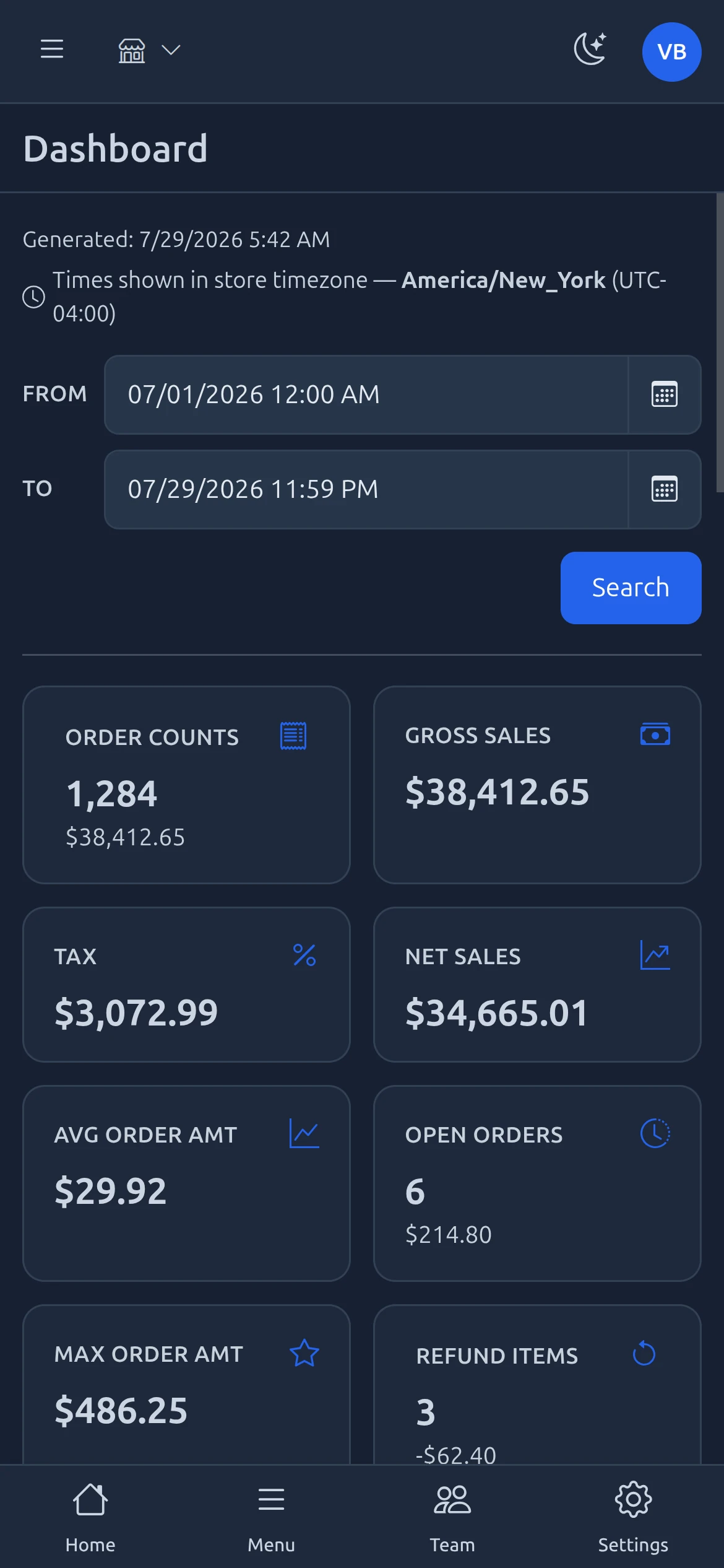 The Branch web dashboard on a phone showing sales, tax and order totals for the selected date range