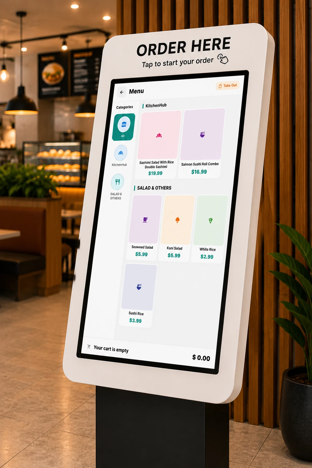 The Branch self-serve kiosk menu screen, where guests browse and order from the live menu
