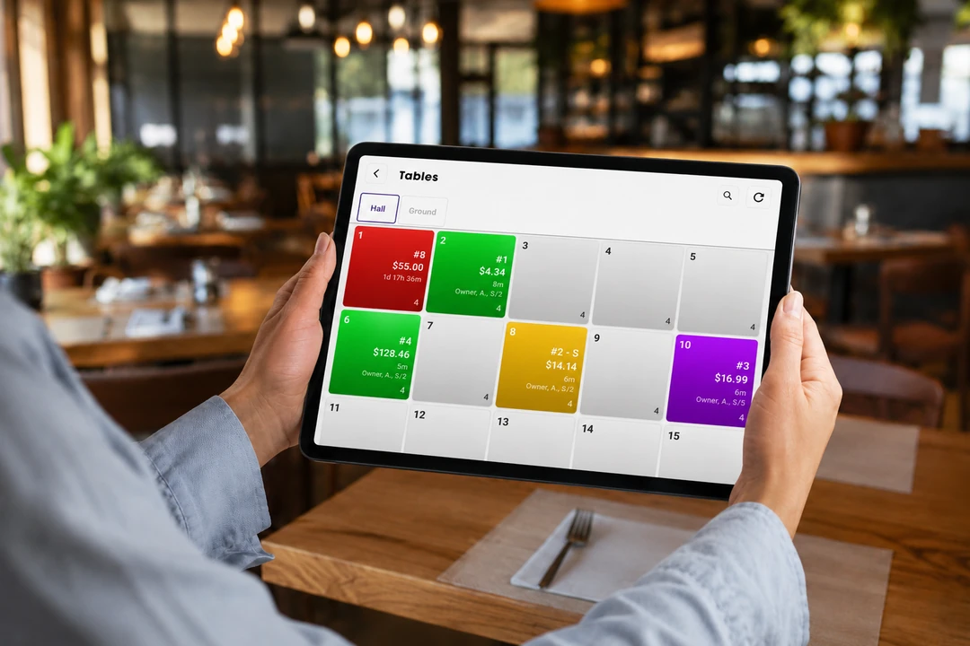 The Branch Eats server app showing the floor of tables with open checks and amounts