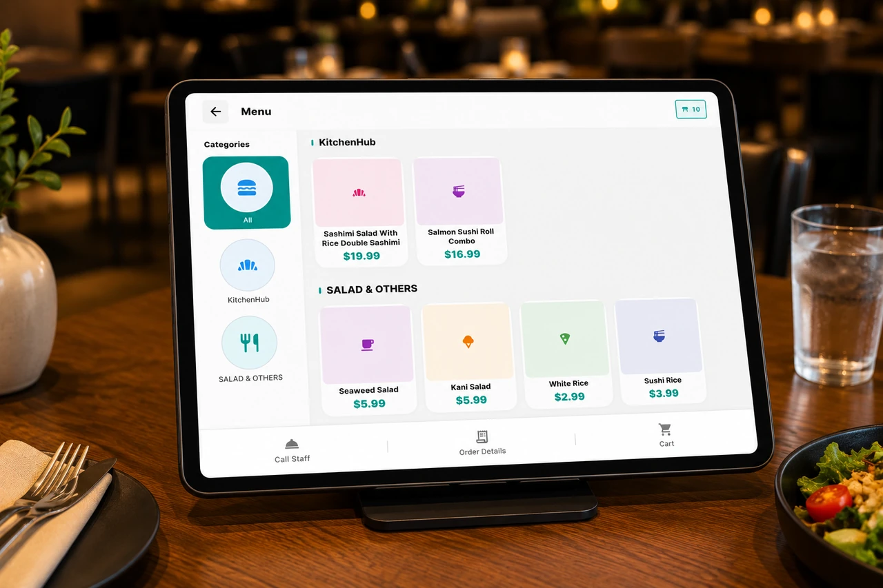 A tablet showing the Branch Eats guest ordering menu with categories and item prices
