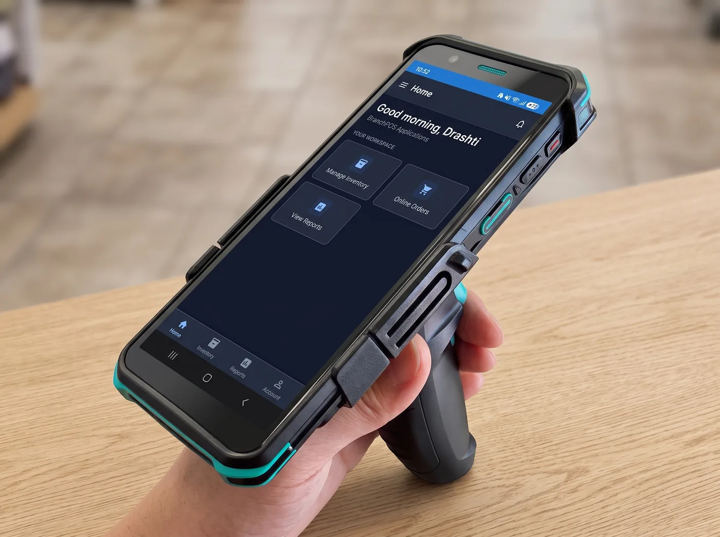 A rugged handheld device with a pistol grip running the Branch app