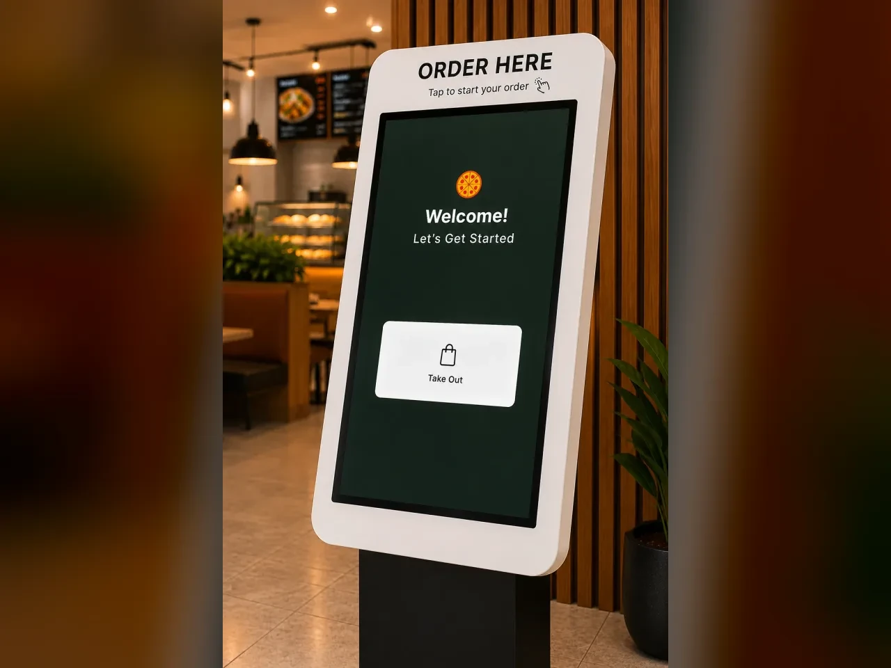 A self-serve ordering kiosk with an Order Here header