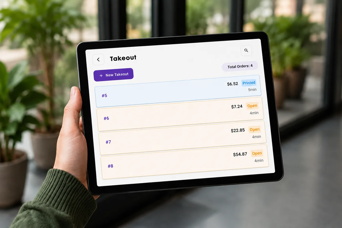 A tablet held in one hand running the Branch takeout order list