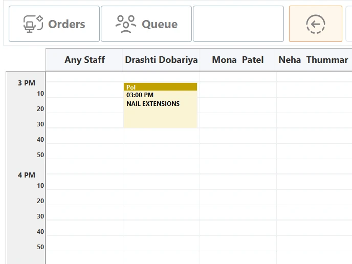 The Branch salon schedule board: a day view with a column per stylist, time slots and a booked appointment