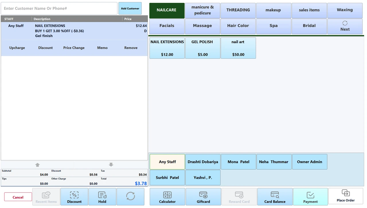 The Branch Services order screen with the service menu, staff picker and running ticket