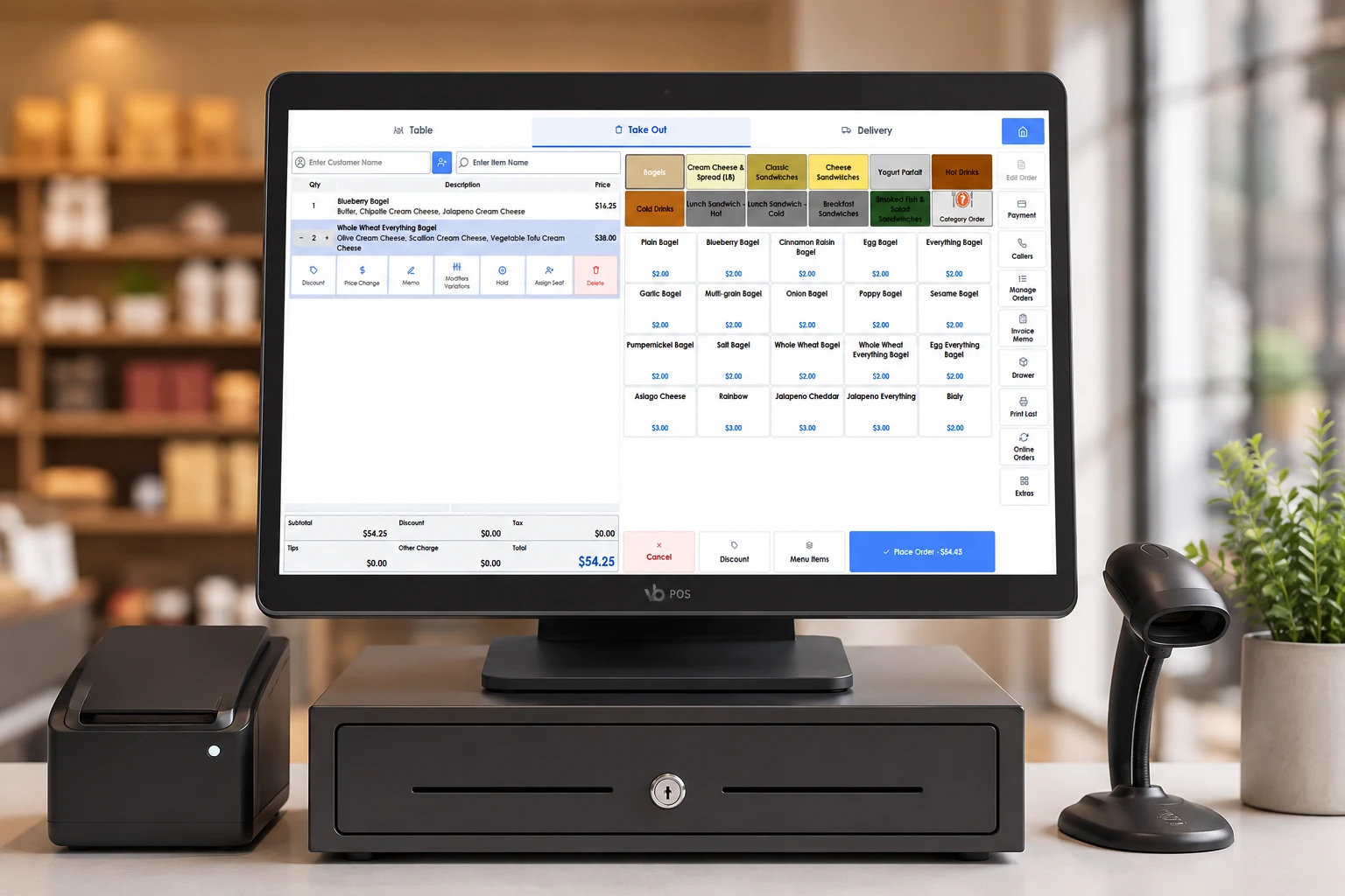 A Branch POS counter terminal running the sales screen, with a cash drawer, receipt printer and barcode scanner